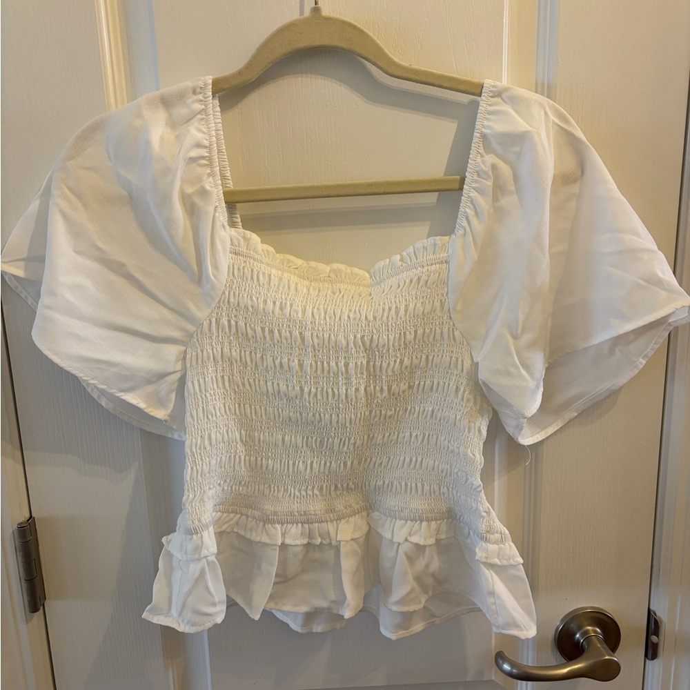 Elegant White Smocked Women's Top L